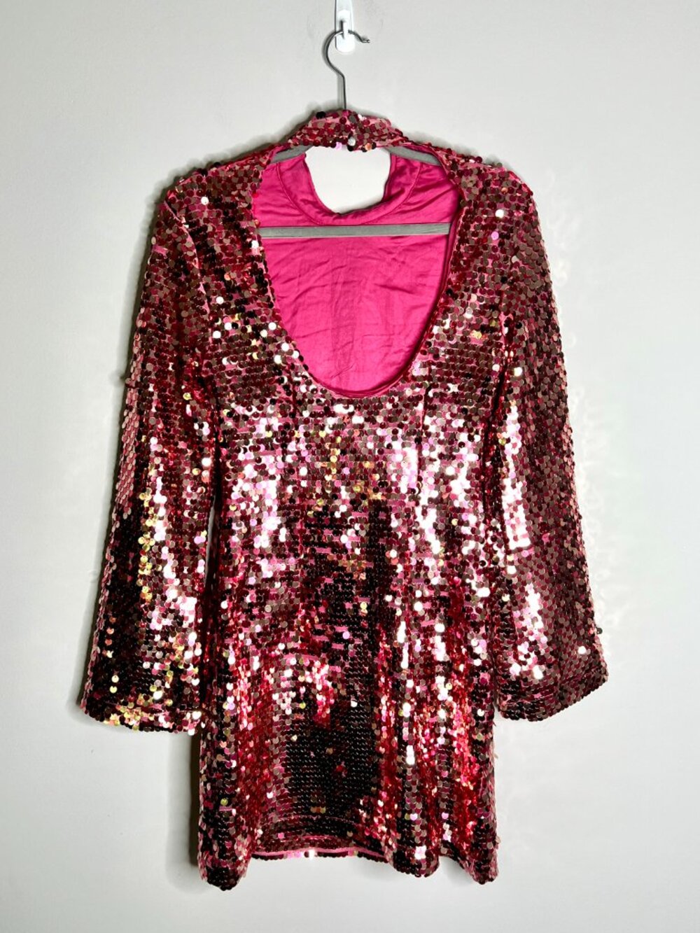 Maeve Anthropologie Pink Long-Sleeve Mock-Neck Sequin Mini Dress Party Festive S - Picture 6 of 7